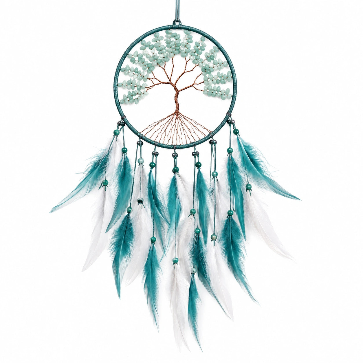 Acchiappasogni sospeso 30 x 70 cm con perline e piume turchese bianco - decorazione da parete boho