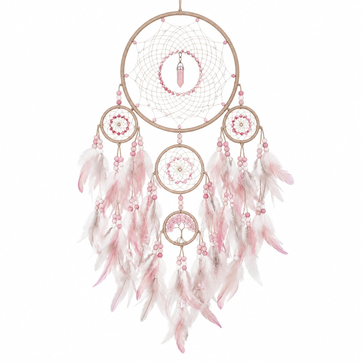 Acchiappasogni da parete 50 x 100 cm con piume rosa e bianche in stile bohémien