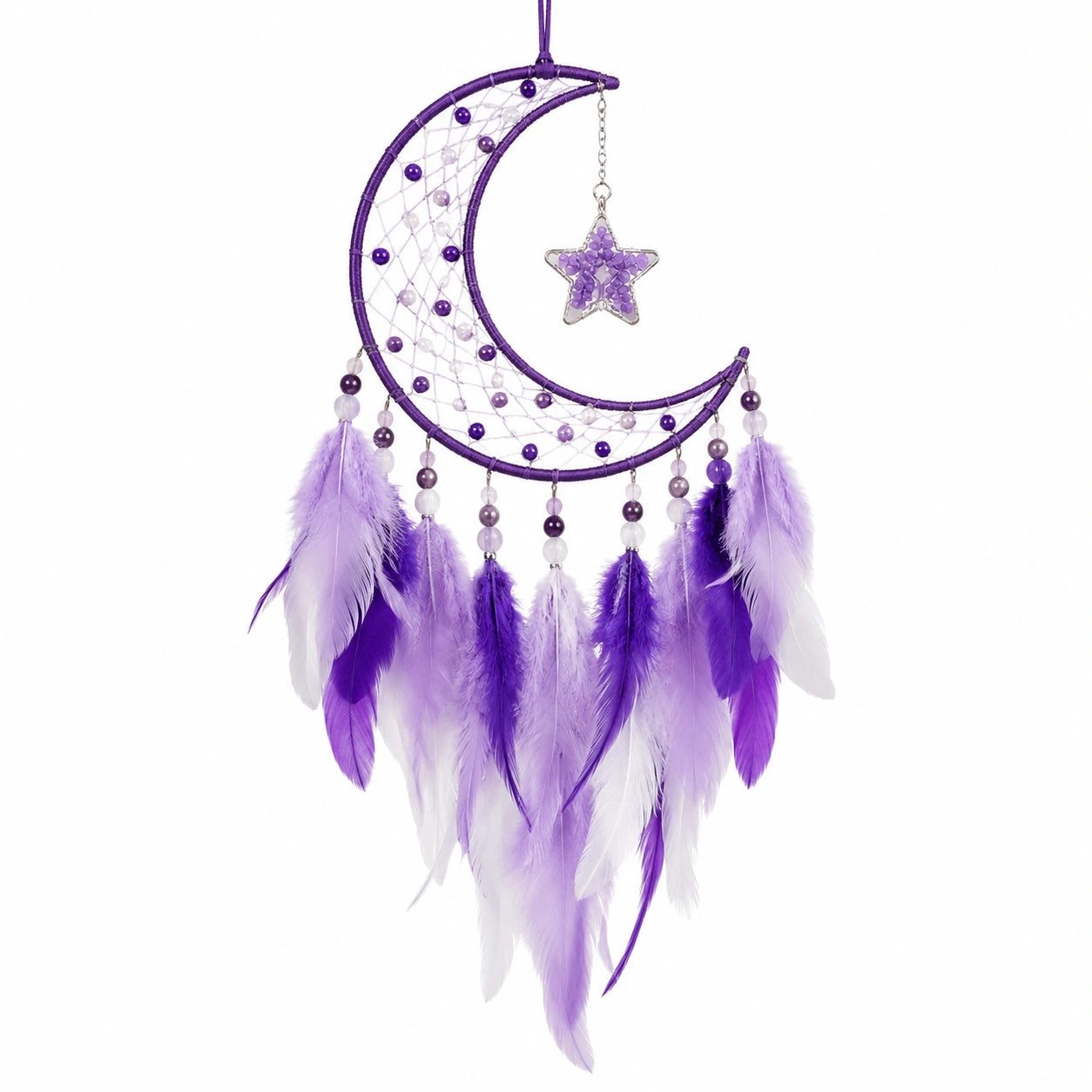Acchiappasogni sospeso 25 x 60 cm con luna in filo viola piume e perline decorativo