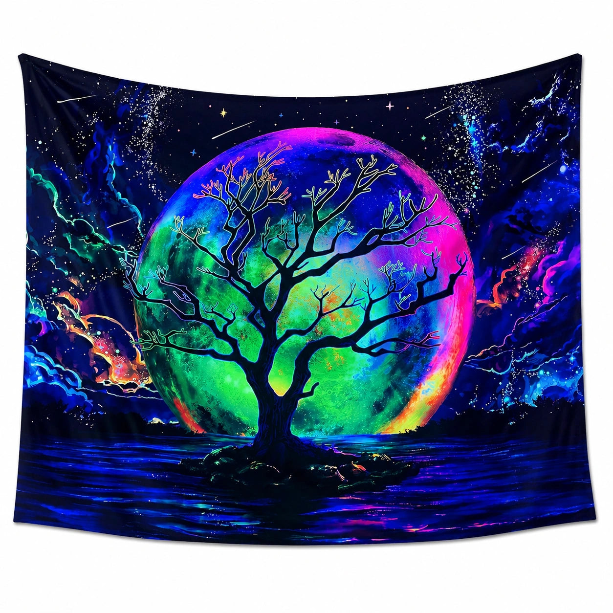 Arazzo da parete 150 x 130 cm in poliestere multicolore con albero e luna stile psichedelico