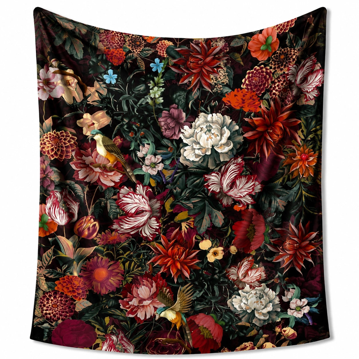 Arazzo da parete 150 x 130 cm in poliestere nero con fiori e uccelli stile botanico