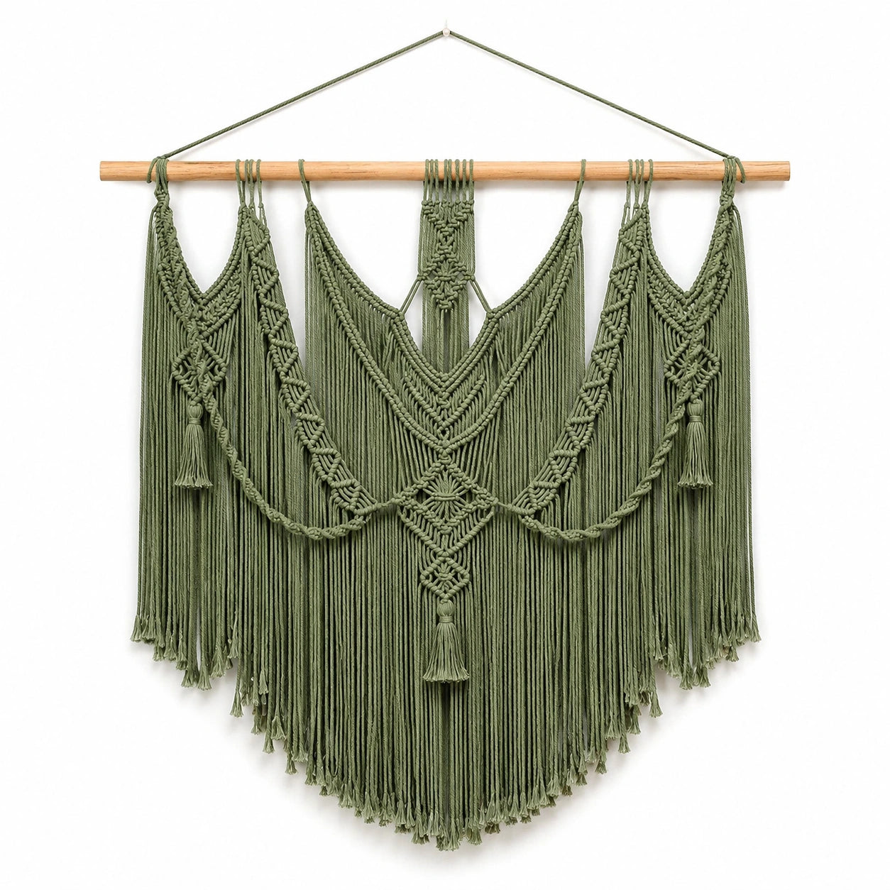Arazzo da parete in macramè 100 x 120 cm cotone verde con frange stile boho