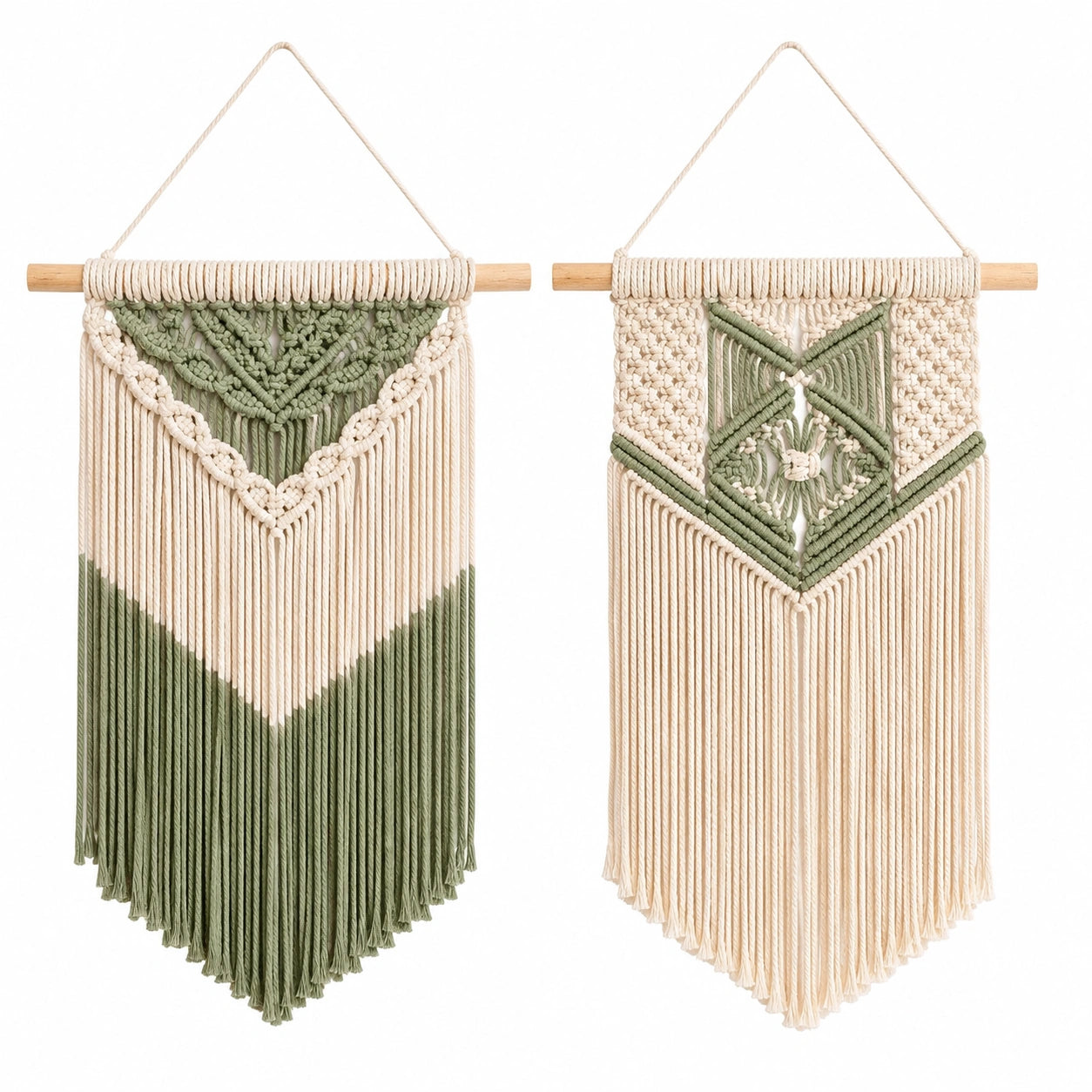 Set di 2 arazzi da parete in macramè 30 x 70 cm cotone beige e verde salvia stile bohémien