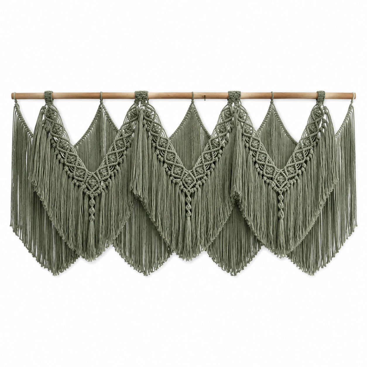 Arazzo da parete 120 x 75 cm in cotone verde salvia con frange stile boho