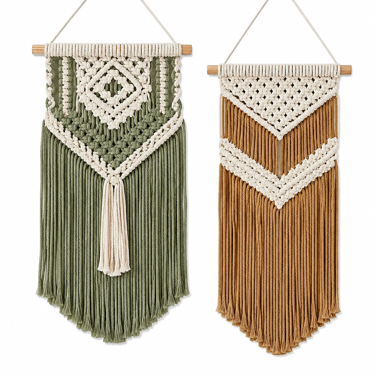 Set di 2 arazzi da parete 30 x 75 cm in corda di cotone verde ocra e avorio stile boho