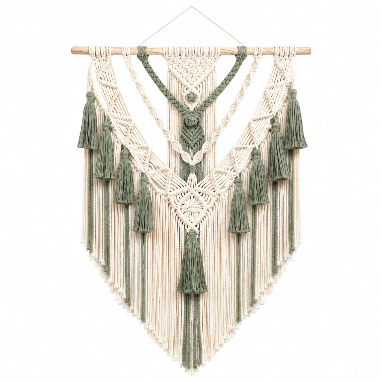 Arazzo da parete in macramè 70 x 100 cm in cotone avorio e verde salvia stile boho