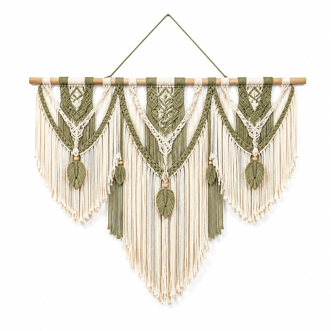 Arazzo da parete in macramè 100 x 95 cm verde e avorio con frange stile boho