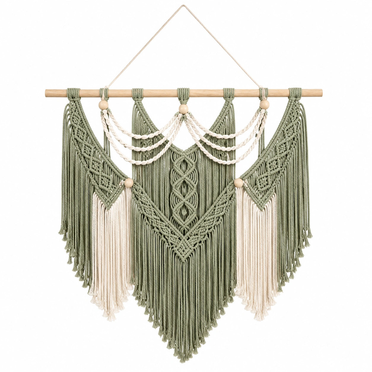 Arazzo da parete 80 x 100 cm in corda di cotone verde salvia e avorio stile boho con frange
