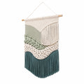 Arazzo da parete 35 x 75 cm in cotone beige verde salvia e blu petrolio con frange stile boho