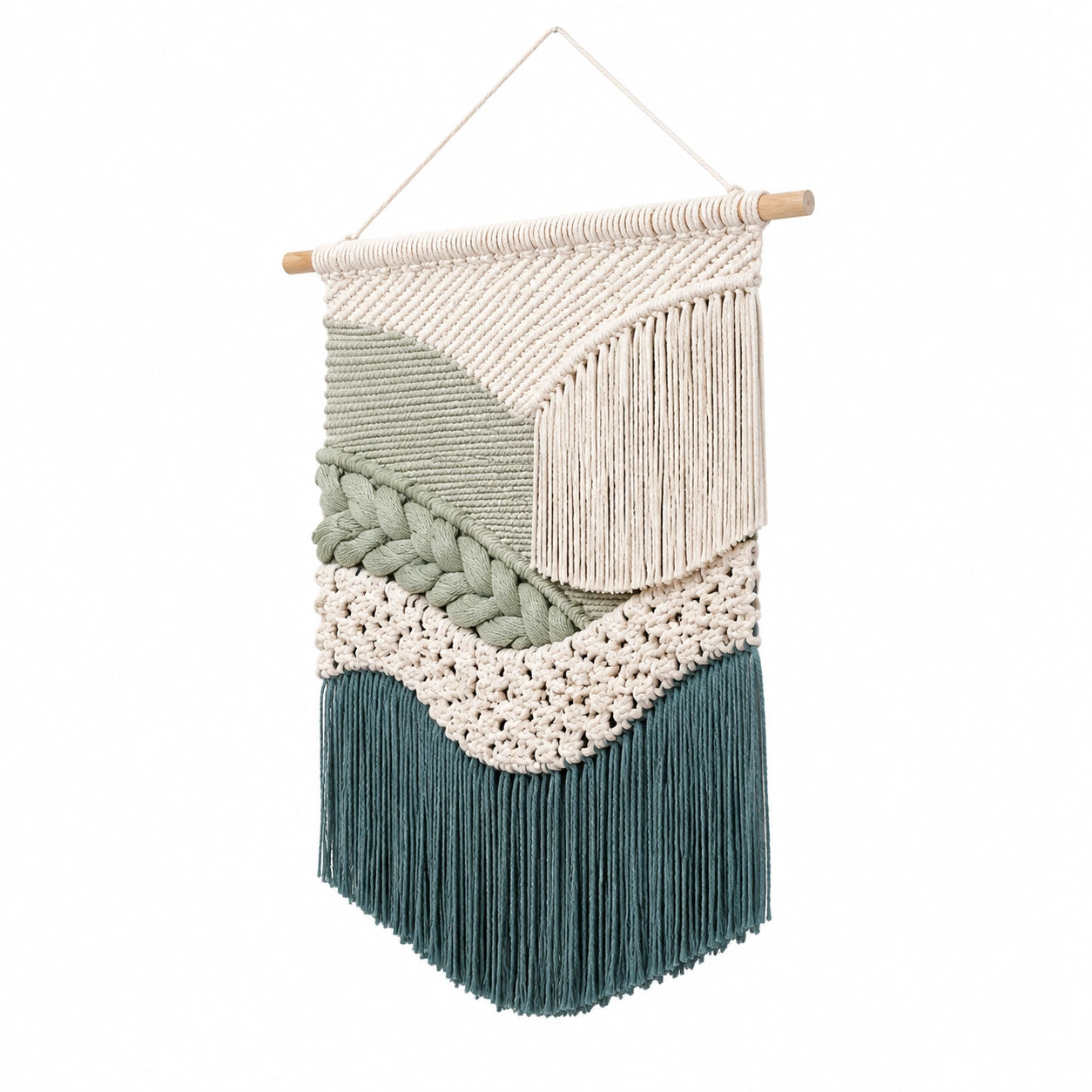 Arazzo da parete 35 x 75 cm in cotone beige verde salvia e blu petrolio con frange stile boho