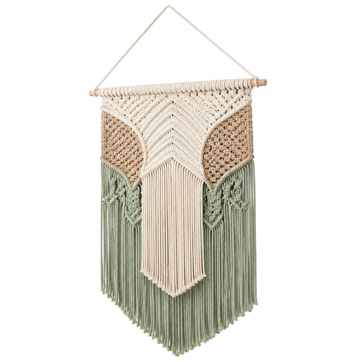 Arazzo da parete 35 x 70 cm in cotone beige verde stile boho con frange