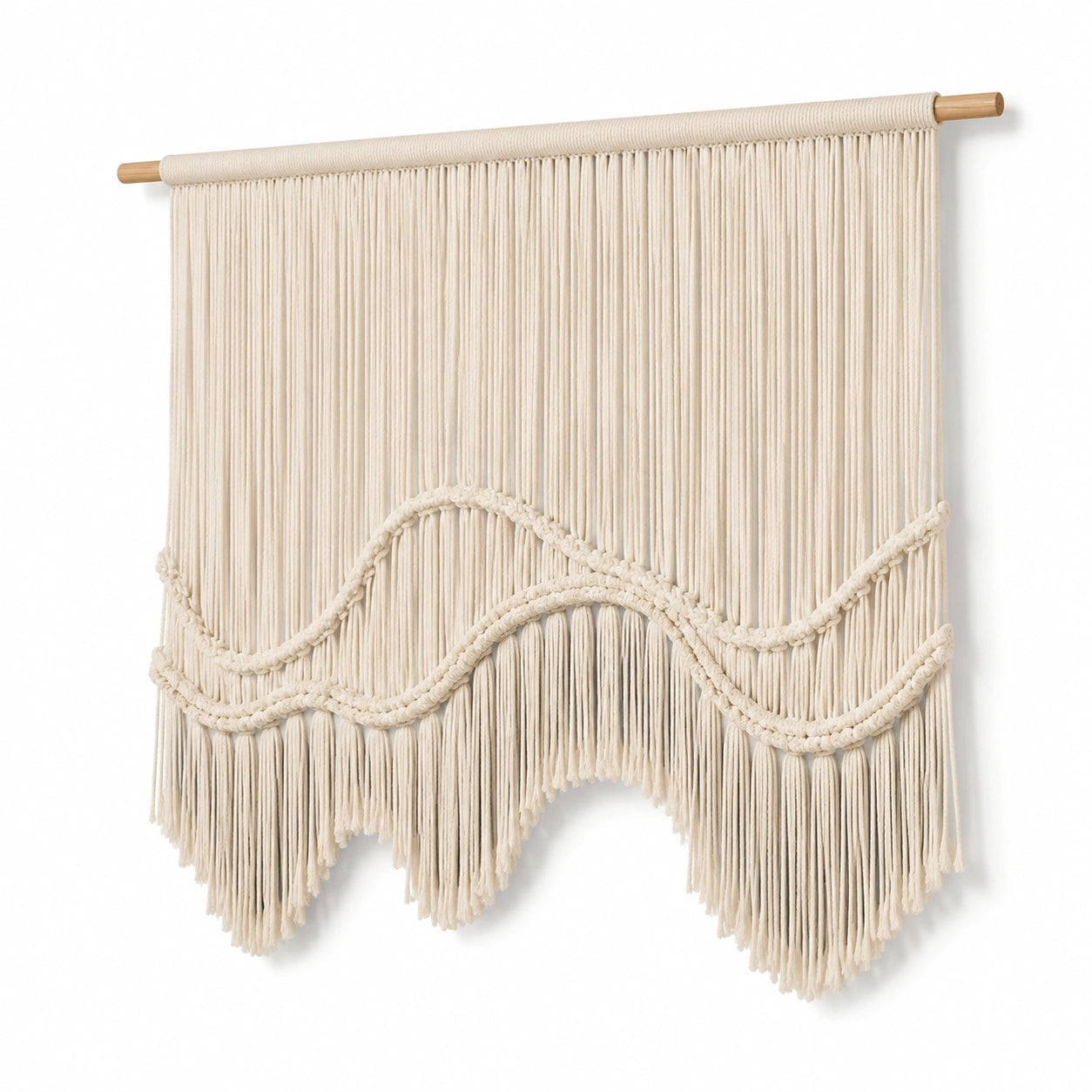 Arazzo da parete macramè 100 x 110 cm in corda tessile avorio con bastone in legno stile boho