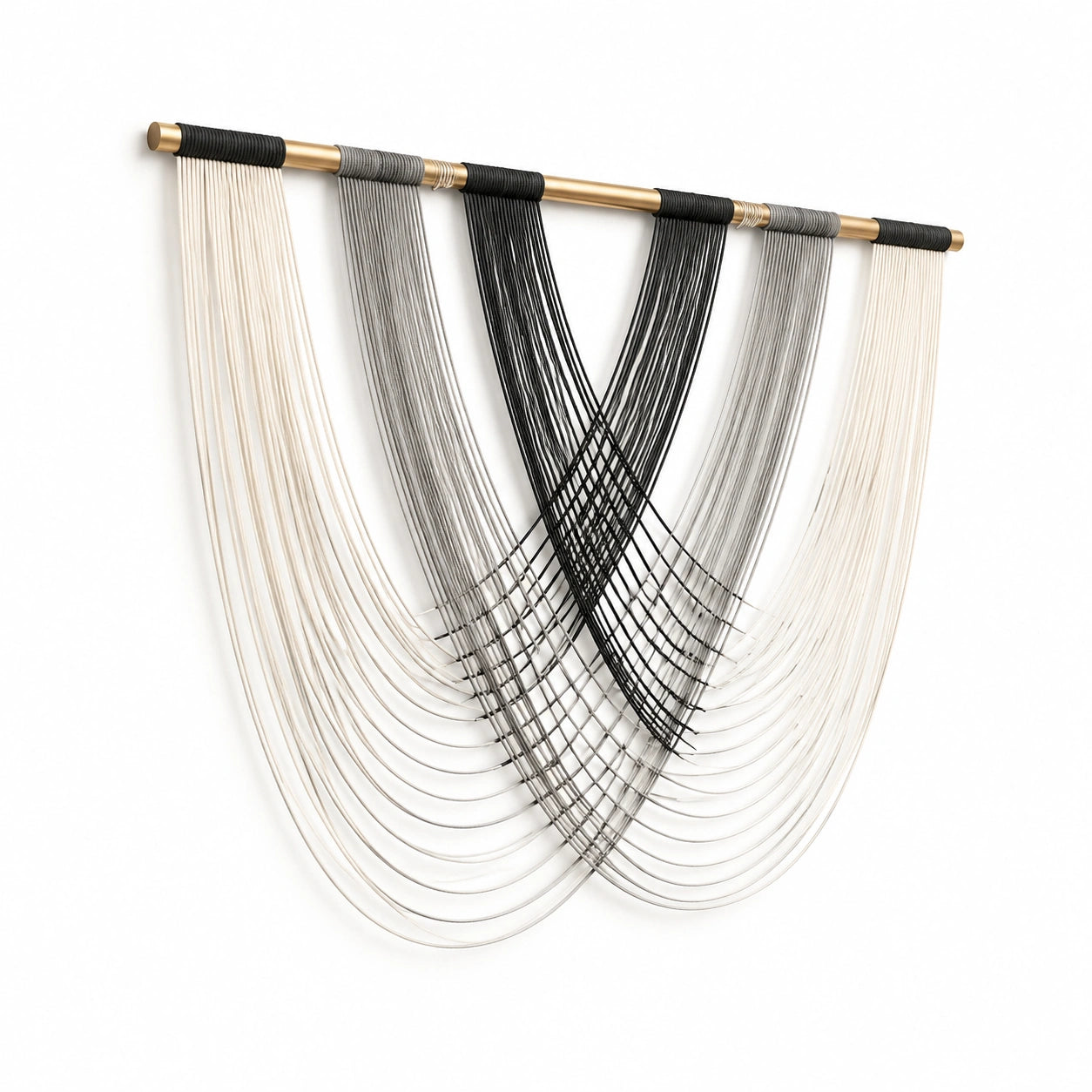 Arazzo da parete 100 x 120 cm in corda di cotone nero grigio e avorio con barra dorata stile moderno