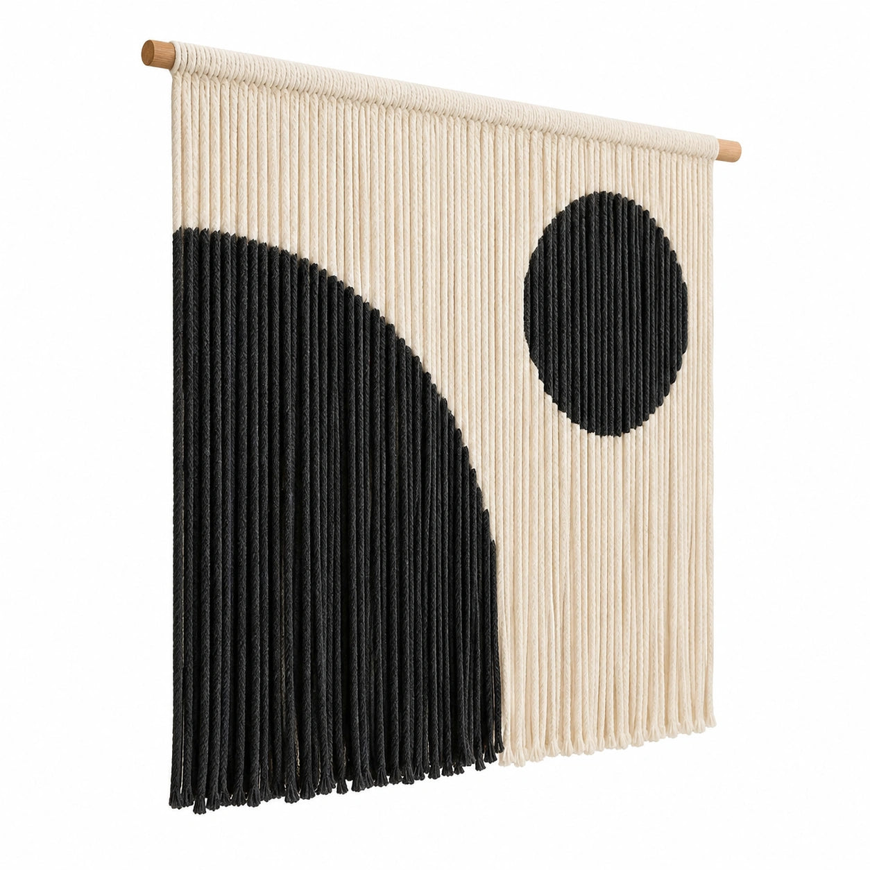 Arazzo da parete 50 x 70 cm in corda di cotone crema e nero con asta in legno stile boho