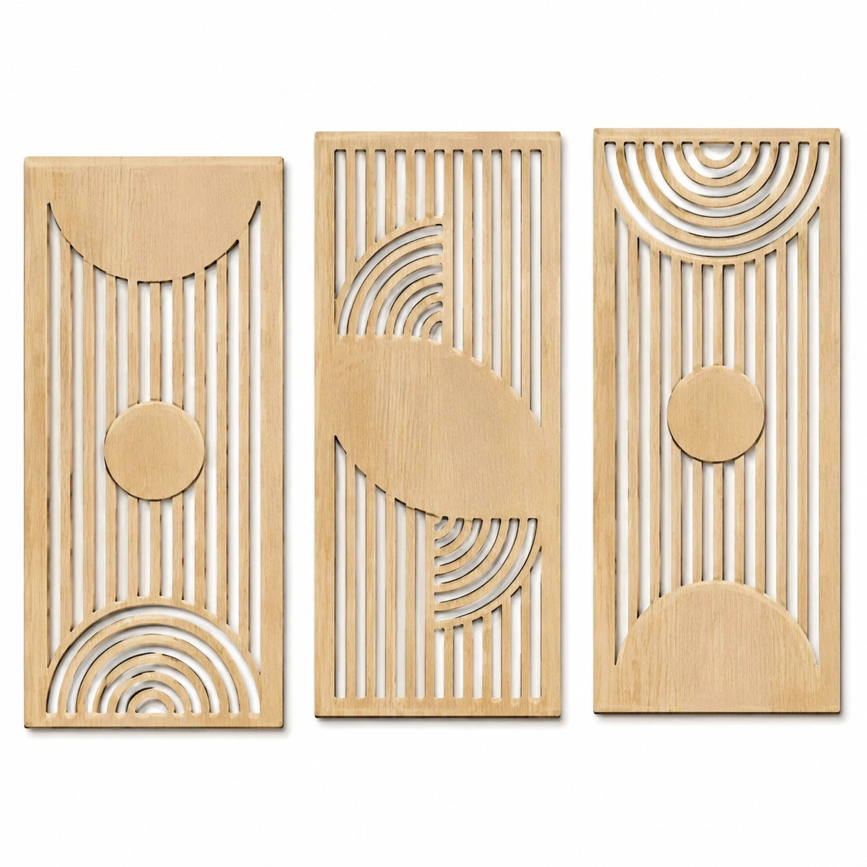 Set di 3 pannelli decorativi da parete 30 x 80 cm in legno naturale con motivi geometrici stile moderno