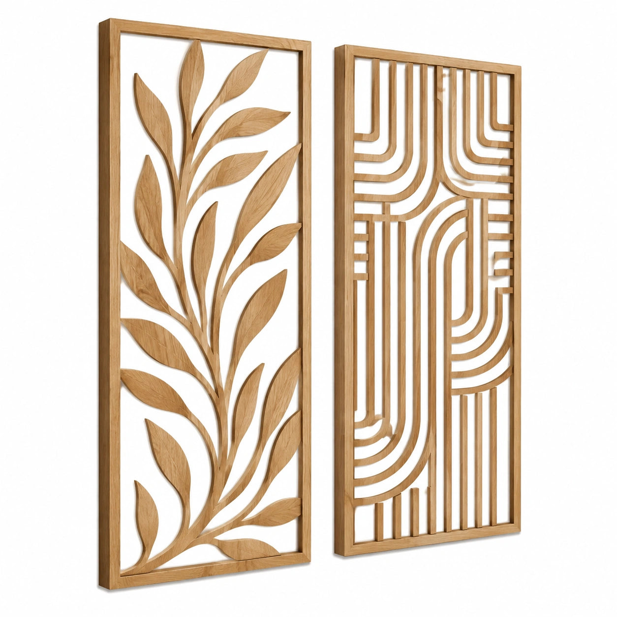 Set di 2 pannelli decorativi da parete 40 x 100 cm in legno naturale con motivi botanici e geometrici