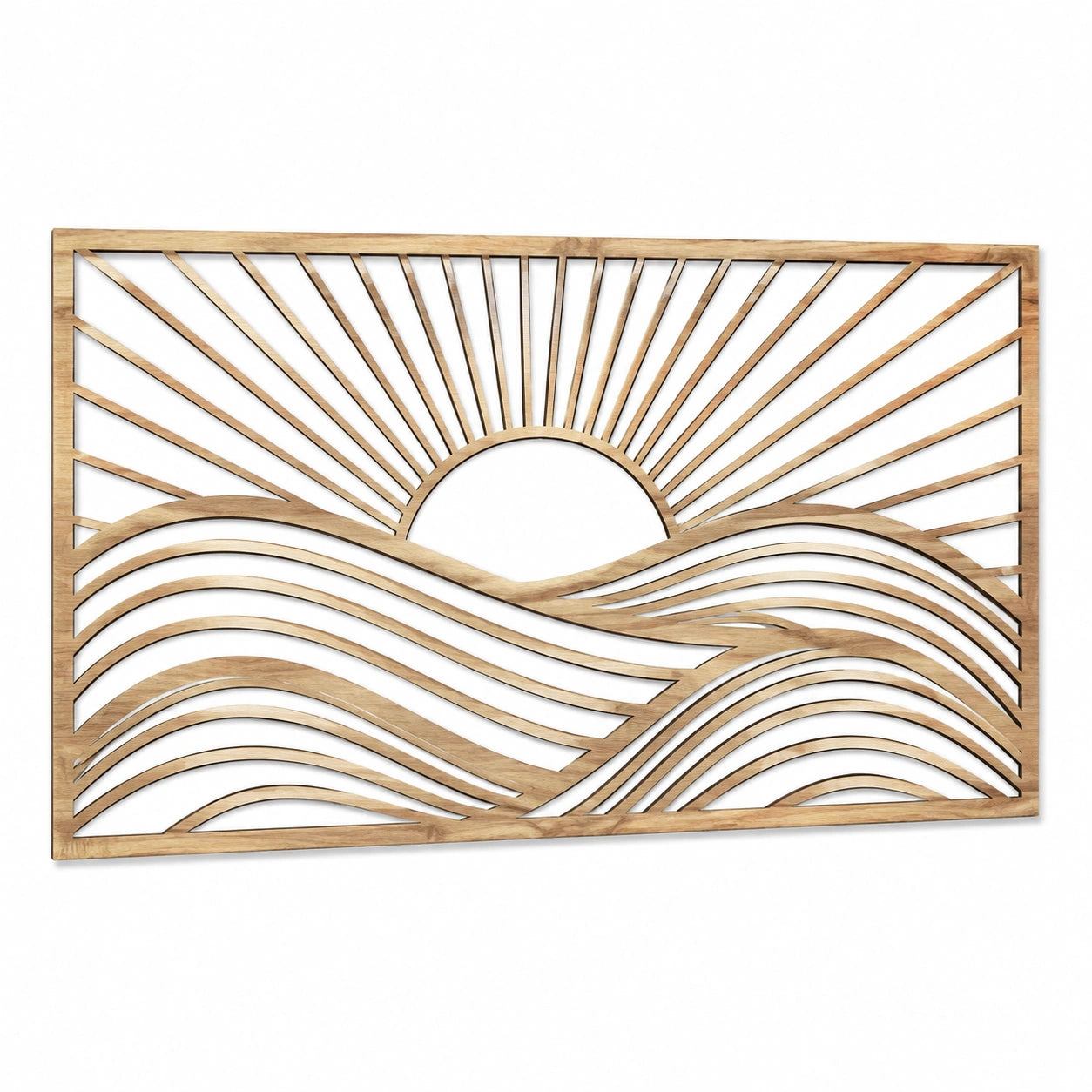 Decorazione da parete 120 x 70 cm in legno naturale - sole e onde stile bohémien