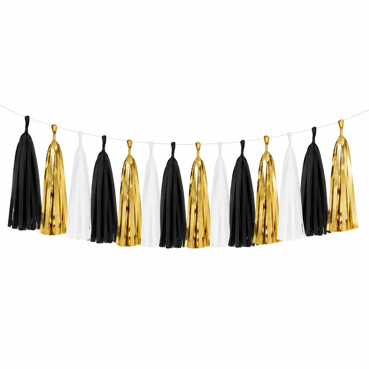 Ghirlanda decorativa 180 x 40 cm in carta nero bianco oro con nappe per feste